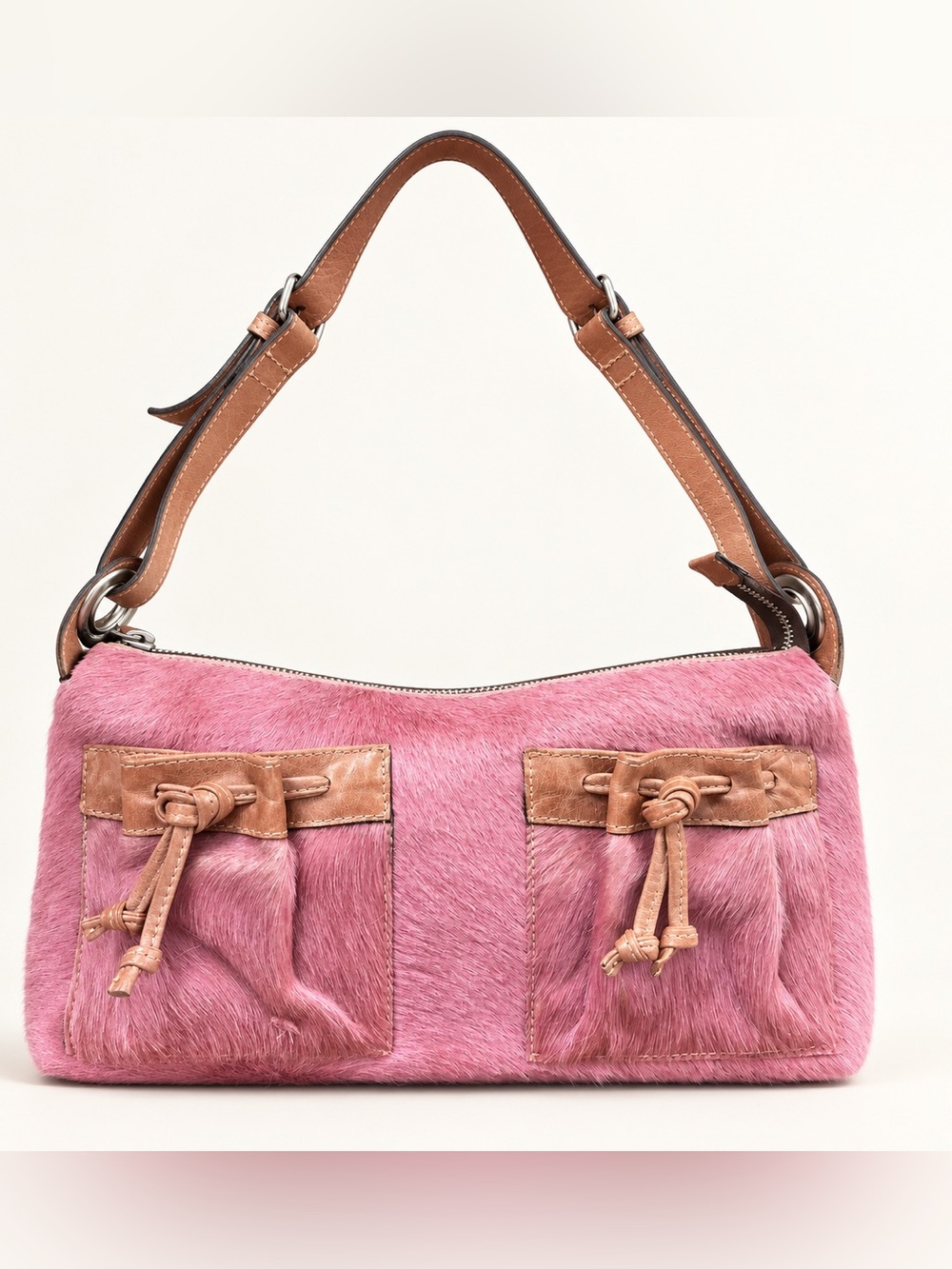 MANIA Pink Pony Hair Genuine Leather Shoulder Bag Made in Italy